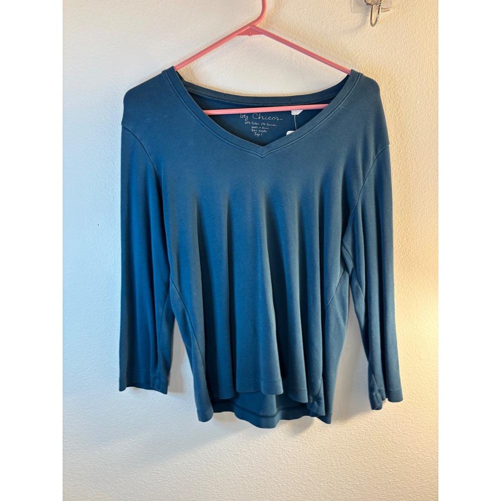 Chicos Teal Blue V-Neck Long Sleeve Cotton Blend Stretch Top Size 1